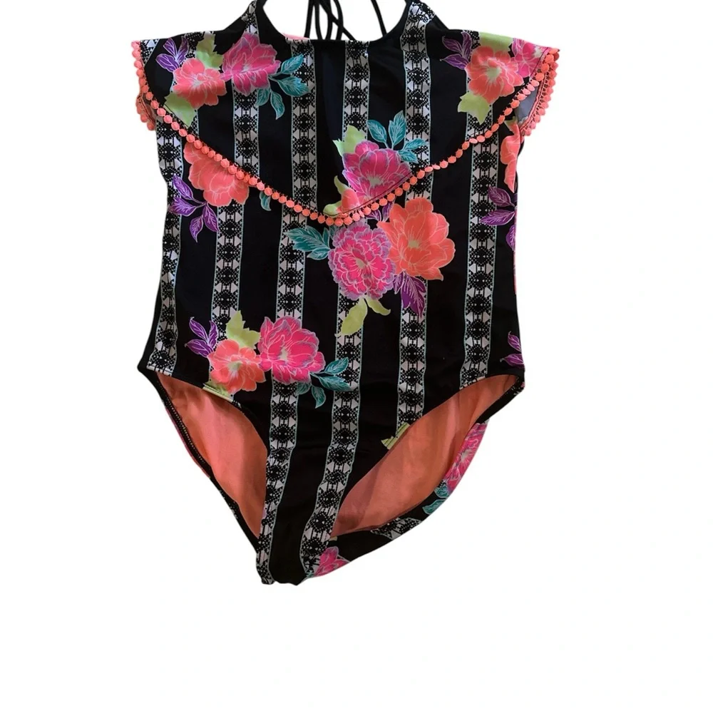 Wonder Nation girls XL/XG (14-16) Floral Striped Swimsuit with Pom Pom Trim